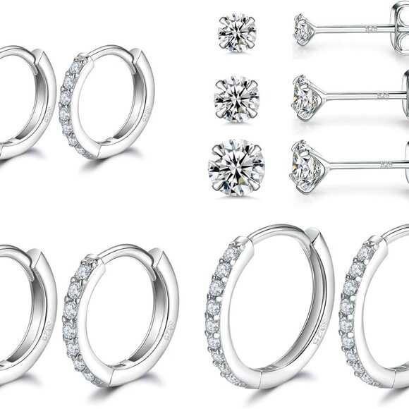 Sterling Silver Hoop & Stud Earrings Set for Women - 6 Pairs - Picture 1 of 8